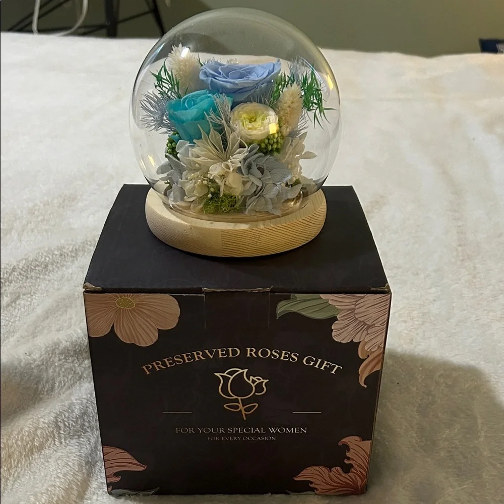 Preserved Roses Gift Globe with Blue and Green Accents